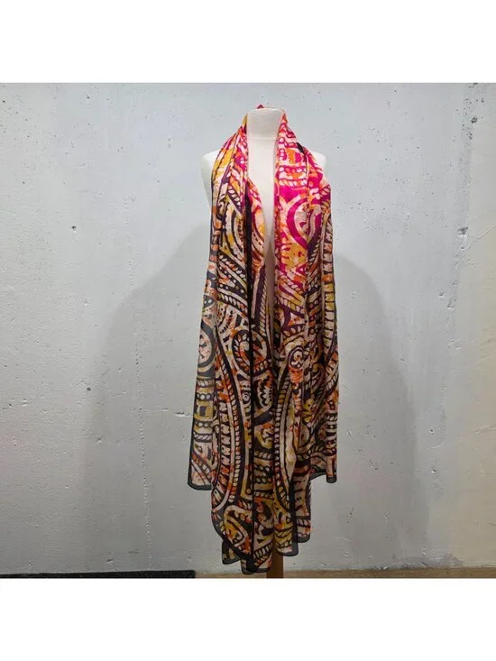 Vibrant Paisley Print Silk Large Wrap Scarf In Pink Orange & Black 42"x96" - Picture 9 of 9